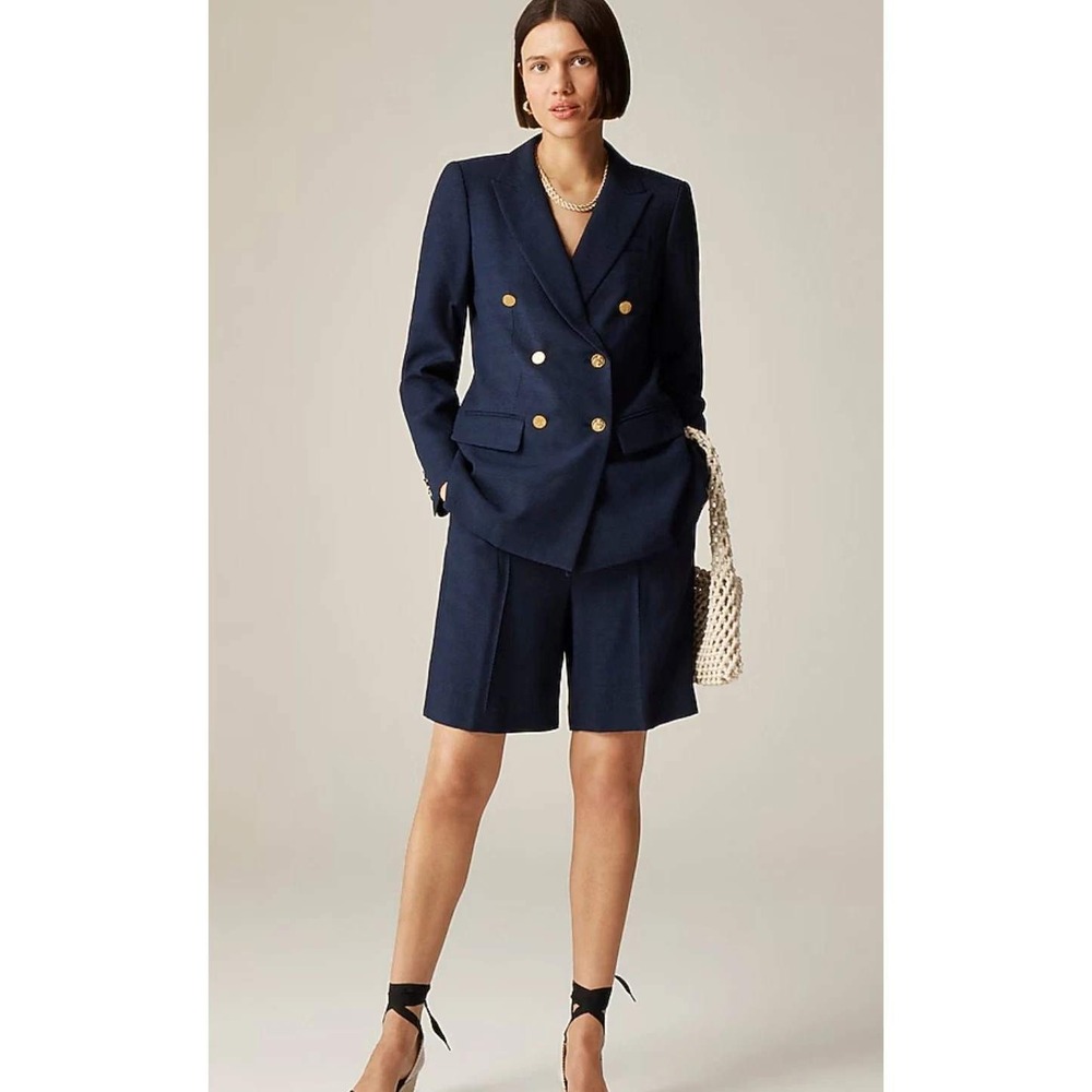 NEW J Crew Bristol Double Blazer 12T Navy Gold Button Preppy Stretch Linen Tall